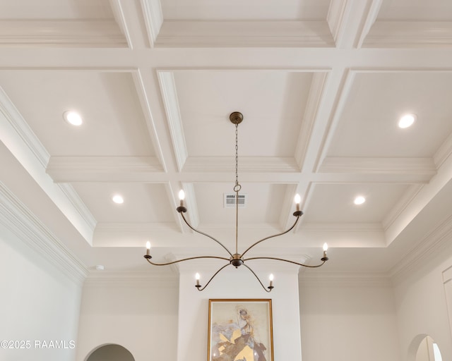 interior details with recessed lighting, beam ceiling, visible vents, and crown molding