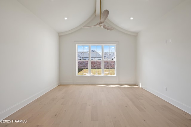 empty room with light wood finished floors, ceiling fan, and baseboards