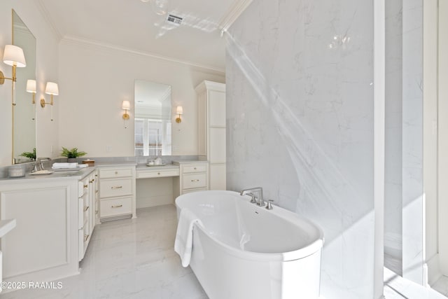 full bath featuring a freestanding tub, vanity, visible vents, marble finish floor, and crown molding