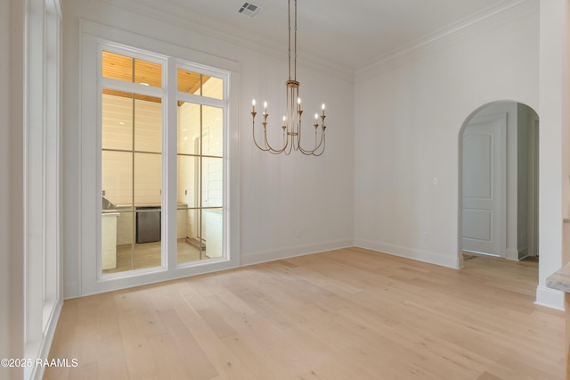 100 Winthorpe Row, Lafayette, LA 70503 - unfurnished dining area featuring light wood finished floors, visible vents, arched walkways, and ornamental molding