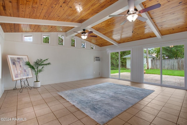 unfurnished room featuring wooden ceiling, beam ceiling, and light tile patterned floors