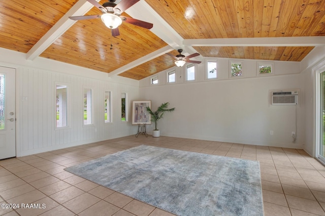 interior space featuring lofted ceiling with beams, an AC wall unit, light tile patterned floors, and wooden ceiling