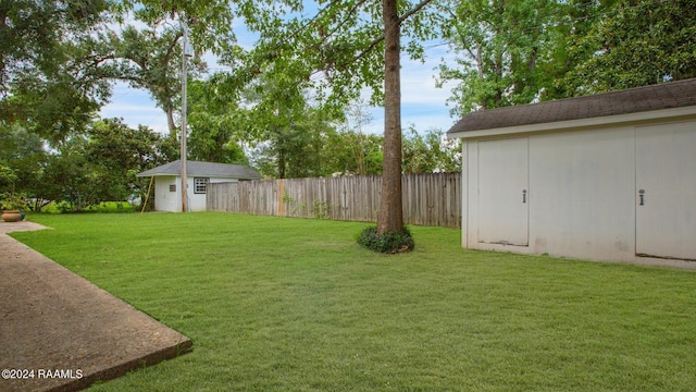 view of yard featuring a storage shed