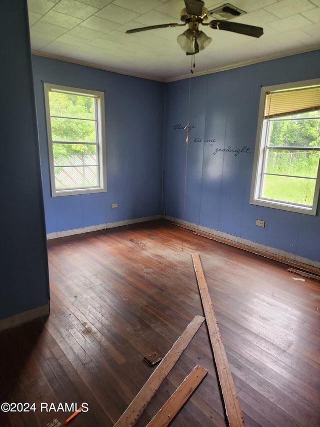 spare room with wood-type flooring, ceiling fan, and plenty of natural light