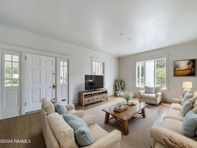 living room with crown molding and hardwood / wood-style floors