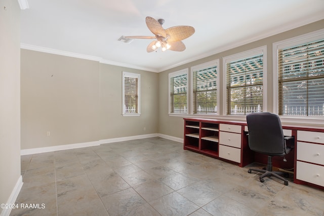 home office with ceiling fan and crown molding