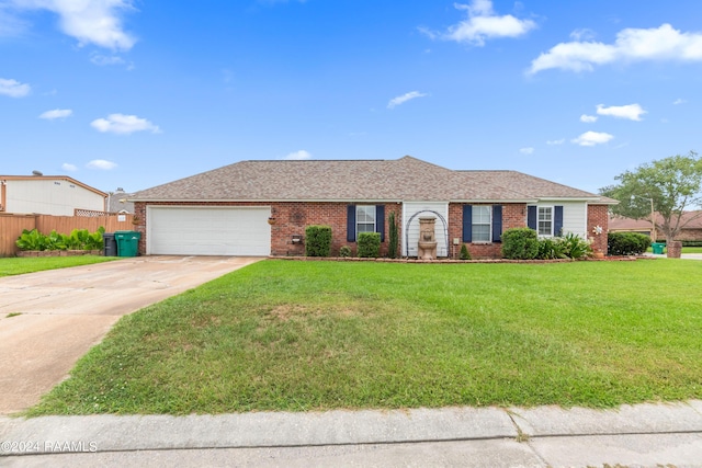 ranch-style home with a garage and a front lawn