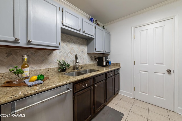 kitchen featuring light tile patterned flooring, dishwasher, sink, decorative backsplash, and crown molding