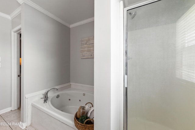 bathroom with tile patterned floors, ornamental molding, and plus walk in shower