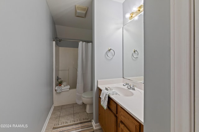 full bathroom featuring tile patterned flooring, vanity, shower / bath combination with curtain, and toilet