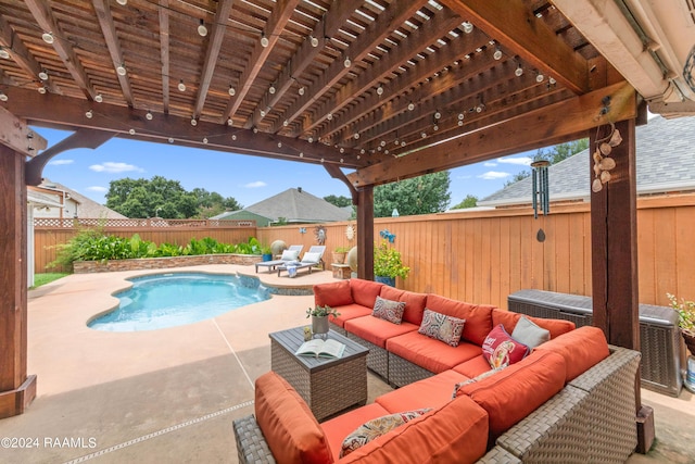 view of swimming pool with an outdoor living space, a patio area, and a pergola