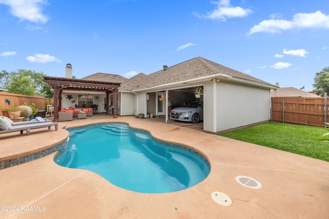 view of swimming pool with an outdoor hangout area, a pergola, and a patio