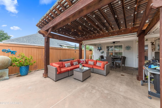 view of patio / terrace with outdoor lounge area and a pergola