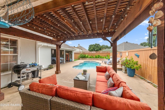 view of patio / terrace featuring an outdoor living space, a pergola, and a fenced in pool