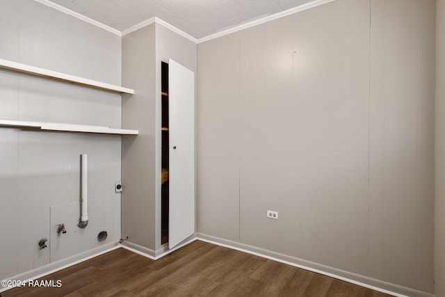 washroom with electric dryer hookup, hookup for a gas dryer, crown molding, and dark wood-type flooring