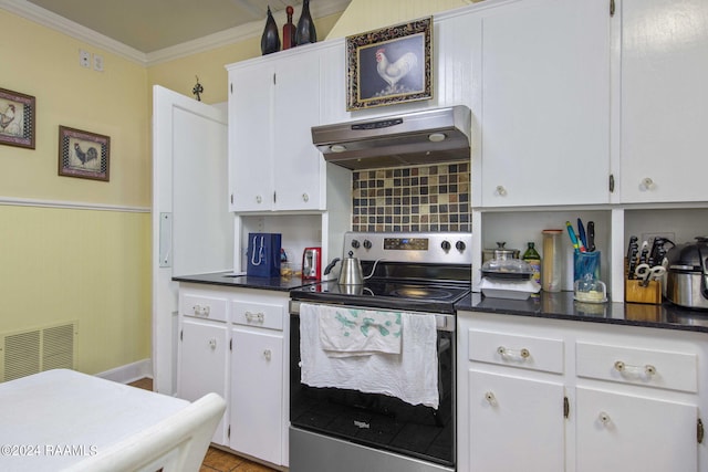 kitchen featuring stainless steel electric range, white cabinetry, tasteful backsplash, extractor fan, and ornamental molding