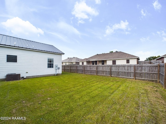 view of yard featuring central air condition unit and a fenced backyard