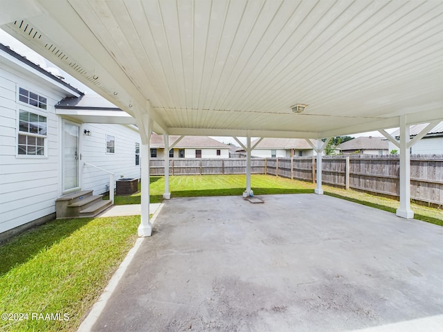 view of patio with entry steps, central air condition unit, and fence