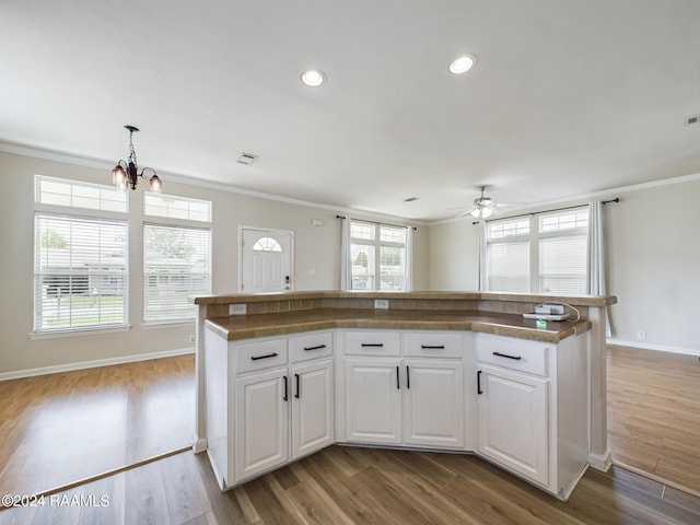 kitchen with a wealth of natural light, visible vents, wood finished floors, and ornamental molding