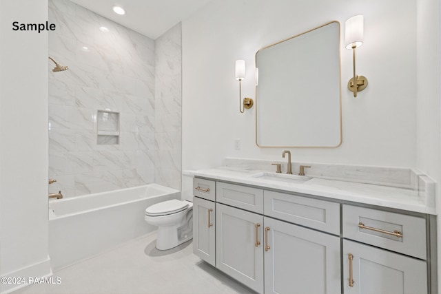 full bathroom with tiled shower / bath combo, vanity, and toilet