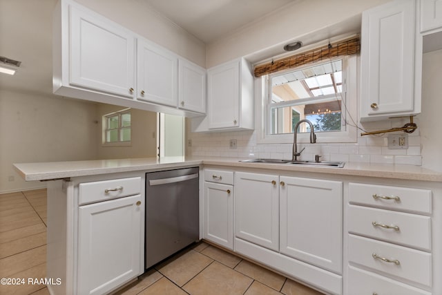 kitchen featuring sink, decorative backsplash, stainless steel dishwasher, white cabinetry, and kitchen peninsula