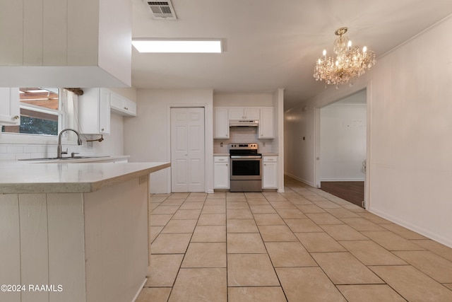 kitchen with light wood-type flooring, decorative backsplash, stainless steel electric stove, and white cabinets