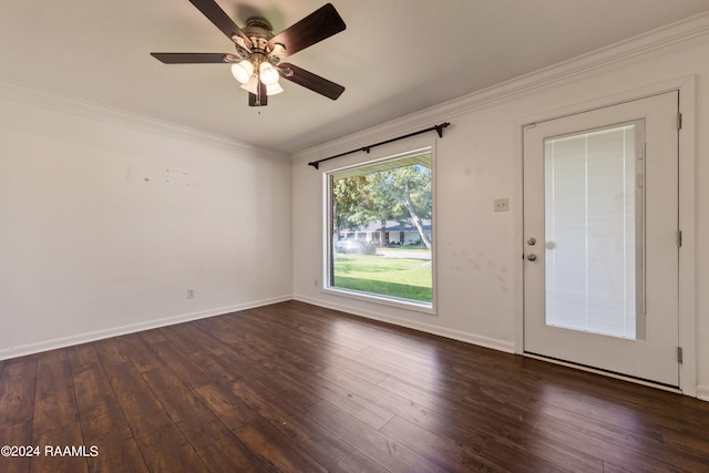 spare room featuring ceiling fan, crown molding, and hardwood / wood-style floors