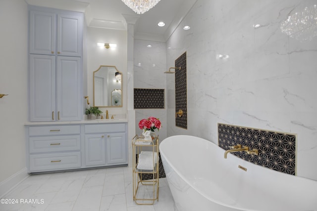 bathroom featuring tile walls, vanity, ornamental molding, and plus walk in shower