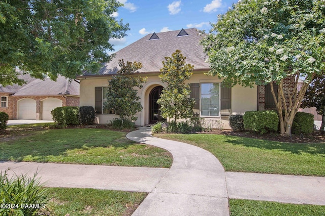 view of front of house featuring a front lawn and a garage