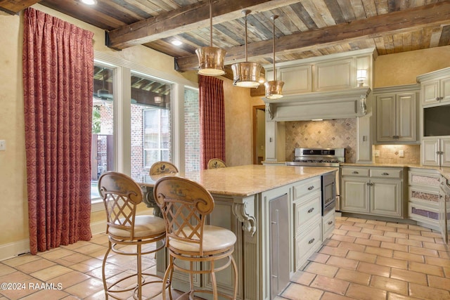 kitchen featuring beam ceiling, wooden ceiling, stainless steel stove, and backsplash