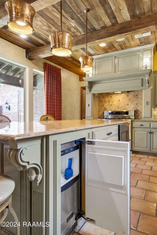 kitchen with wood ceiling, beam ceiling, stainless steel range, light stone countertops, and decorative light fixtures