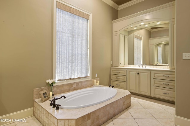 bathroom featuring ornamental molding, a relaxing tiled tub, vanity, and tile patterned flooring