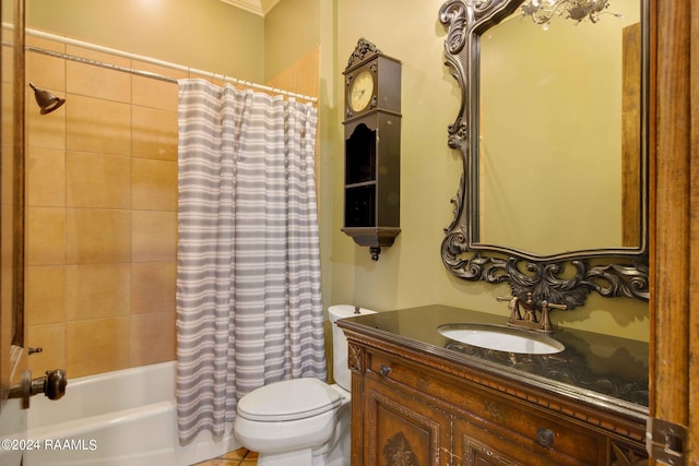 full bathroom with toilet, shower / tub combo, and vanity