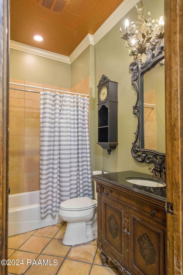 full bathroom featuring toilet, crown molding, tile patterned floors, shower / tub combo with curtain, and vanity