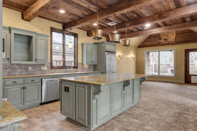 kitchen with dishwasher, decorative backsplash, gray cabinets, wooden ceiling, and freestanding refrigerator