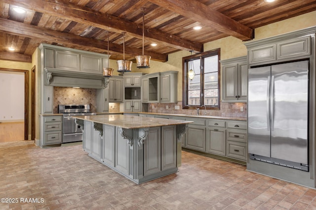 kitchen featuring decorative backsplash, wood ceiling, appliances with stainless steel finishes, and gray cabinetry