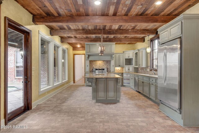 kitchen featuring gray cabinets, a sink, wood ceiling, appliances with stainless steel finishes, and tasteful backsplash