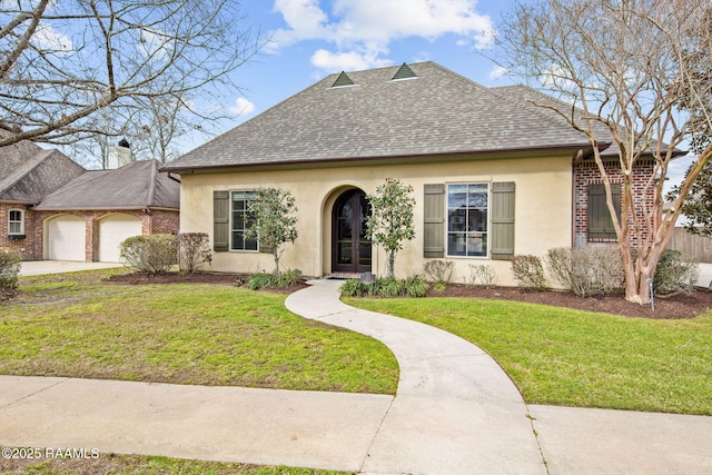 view of front of property with a garage, stucco siding, a front yard, and roof with shingles