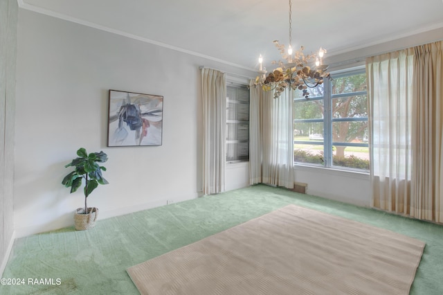 dining space featuring a notable chandelier, crown molding, and carpet floors