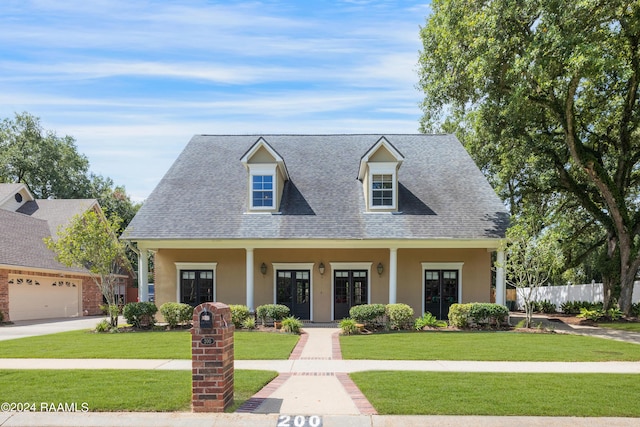 cape cod-style house featuring french doors, covered porch, and a front lawn