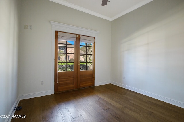 unfurnished room with crown molding, dark wood-type flooring, french doors, and ceiling fan