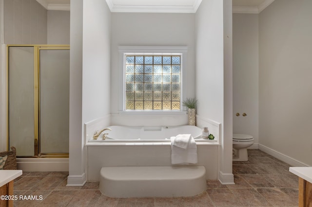 full bathroom with independent shower and bath, vanity, ornamental molding, and toilet