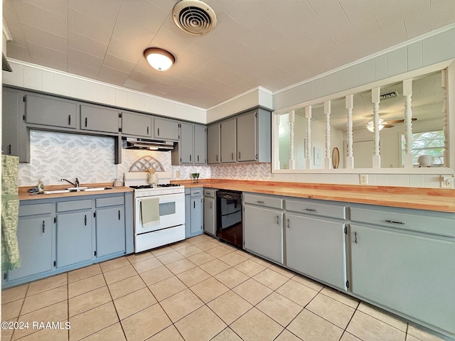 kitchen with white gas range oven, black dishwasher, crown molding, sink, and butcher block countertops