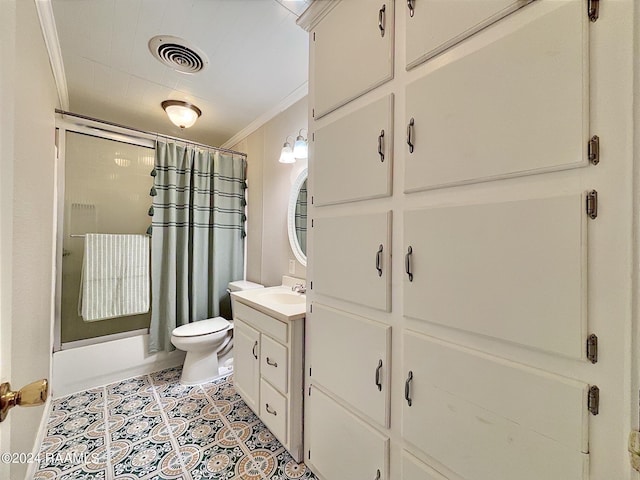 full bathroom featuring toilet, vanity, ornamental molding, and shower / bathtub combination with curtain