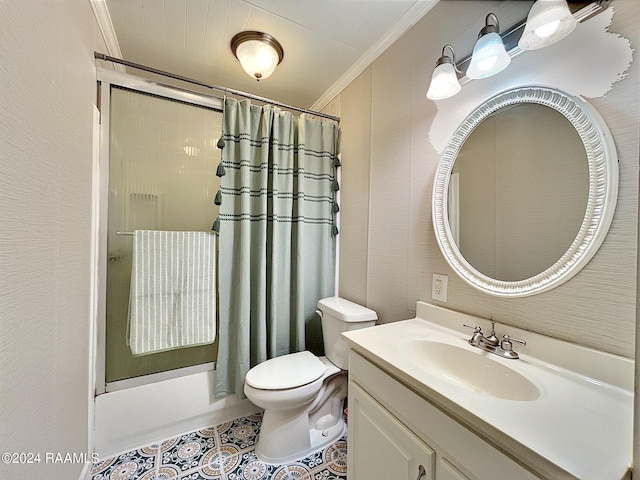 full bathroom featuring vanity, toilet, ornamental molding, and shower / tub combo with curtain