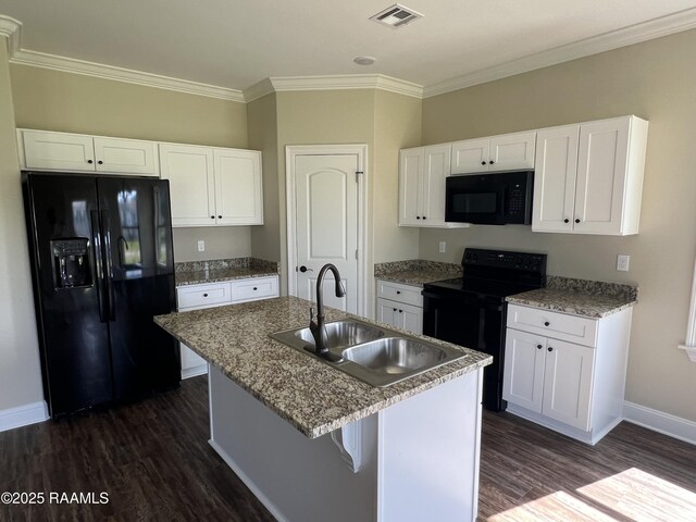 284 Sugarland Cir, Opelousas, LA 70570 - kitchen featuring black appliances, dark wood-type flooring, a sink, ornamental molding, and white cabinetry
