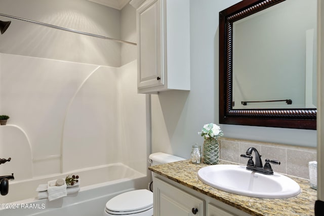 full bathroom featuring shower / tub combination, vanity, toilet, and decorative backsplash