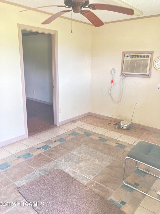 unfurnished room featuring tile patterned floors, a wall mounted air conditioner, and ceiling fan