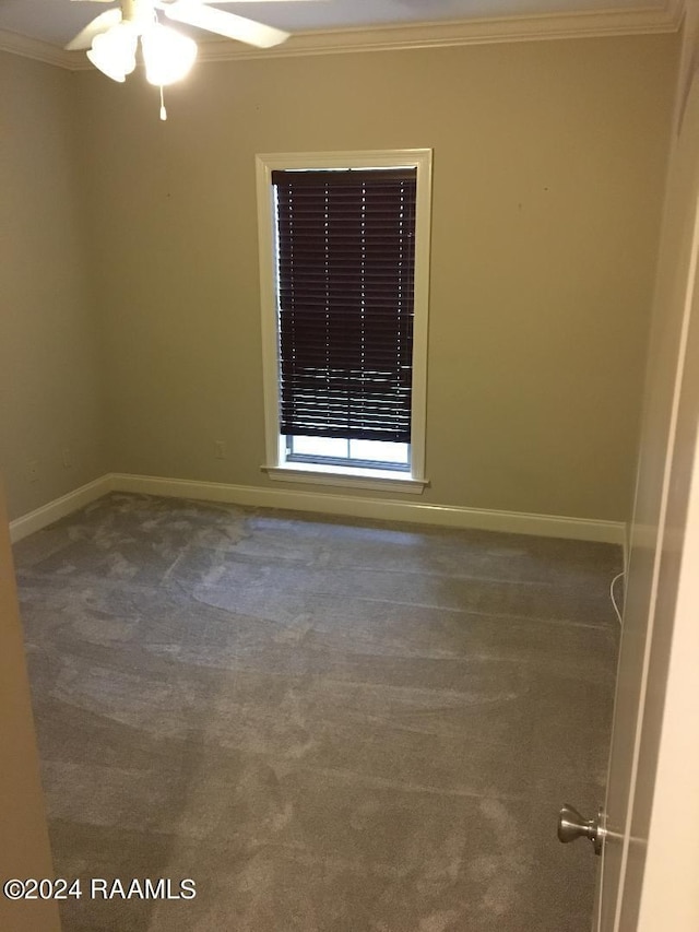 carpeted empty room with ornamental molding and ceiling fan