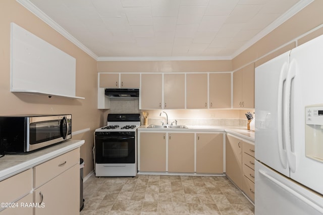 kitchen featuring crown molding, white appliances, light tile patterned floors, range hood, and sink